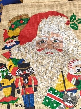 Holiday Santa Burlap Tote Bag - Red & White